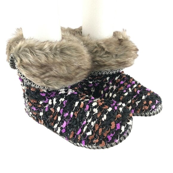 Isaac Mizrahi Womens Knit Bootie Slippers Faux Fur Slip On Purple Black S 6-7 - Picture 1 of 6